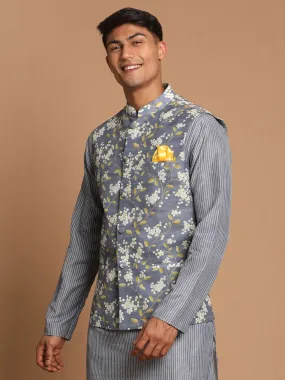 VASTRAMAY Men's Gray Floral Print Nehru Jacket