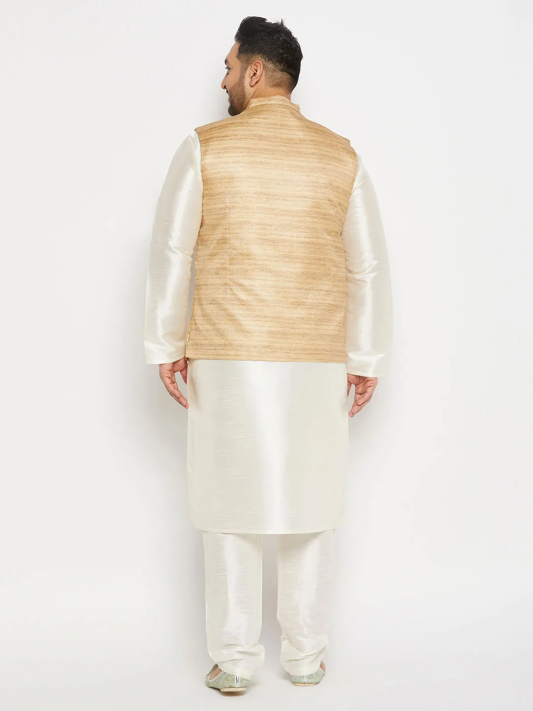 VASTRAMAY Men's Plus Size Beige Matka Silk Nehru Jacket With Cream Silk Blend Kurta andPant style Pyjama Set