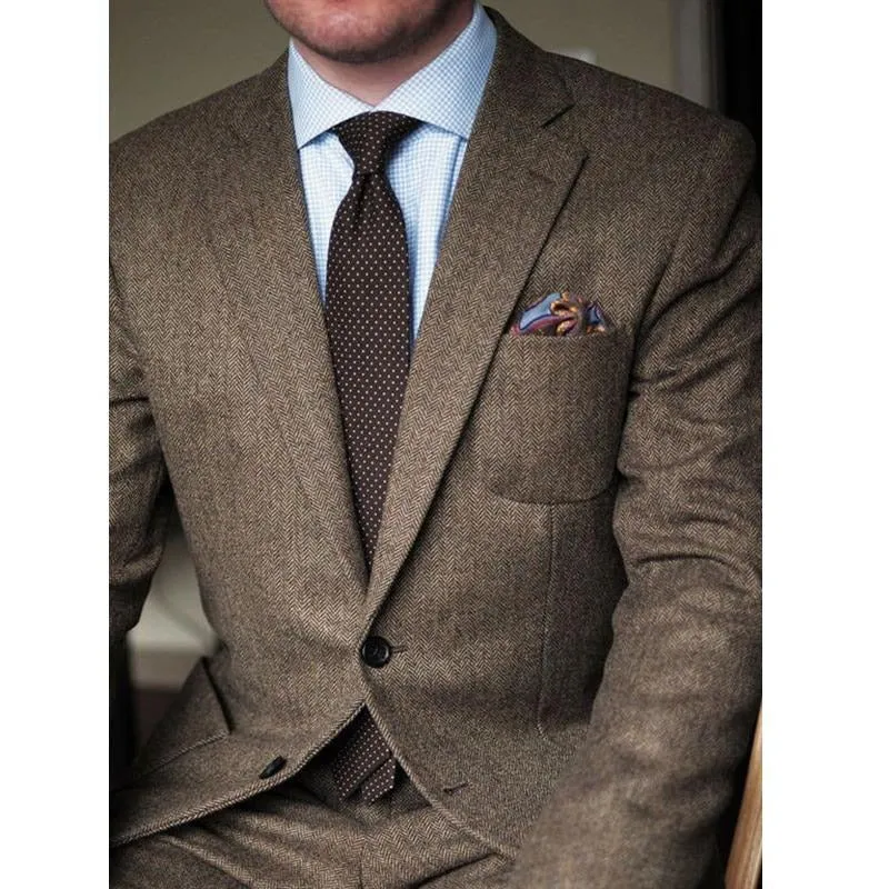 Voguable Brown Herringbone Tweed Casual Men Suits for Winter 2 Piece Wedding Groomsmen Tuxedo Male Set Jacket with Pants New Fashion