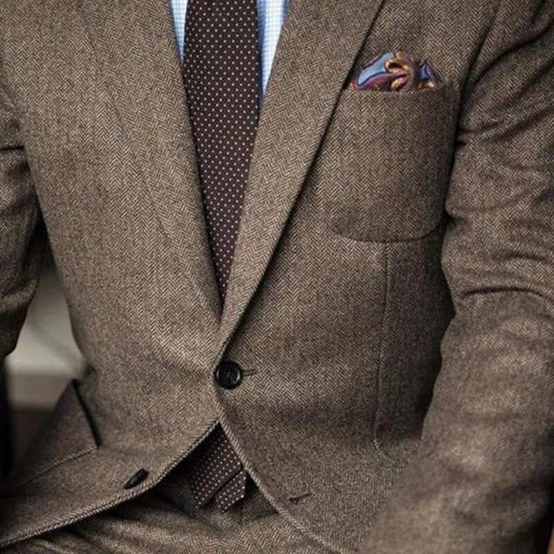 Voguable Brown Herringbone Tweed Casual Men Suits for Winter 2 Piece Wedding Groomsmen Tuxedo Male Set Jacket with Pants New Fashion