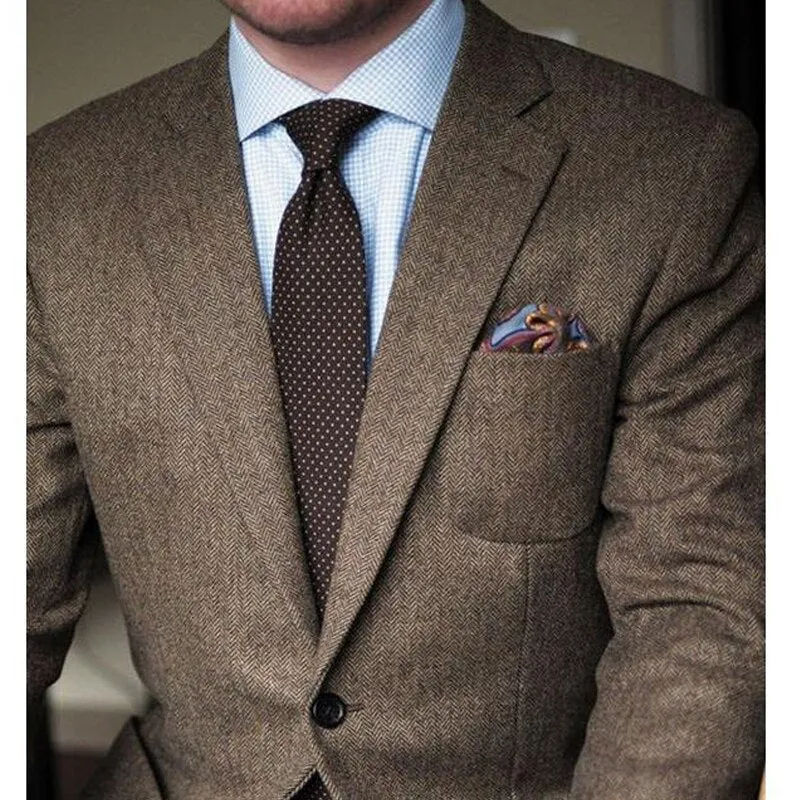 Voguable Brown Herringbone Tweed Casual Men Suits for Winter 2 Piece Wedding Groomsmen Tuxedo Male Set Jacket with Pants New Fashion