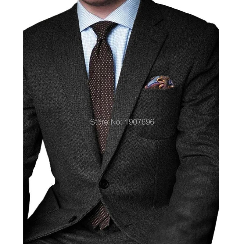 Voguable Brown Herringbone Tweed Casual Men Suits for Winter 2 Piece Wedding Groomsmen Tuxedo Male Set Jacket with Pants New Fashion
