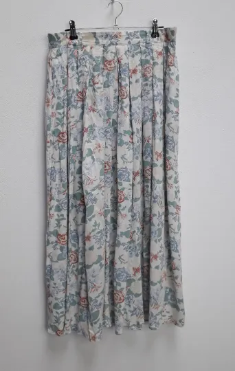 White, Blue   Brown Floral Midi-Skirt - L