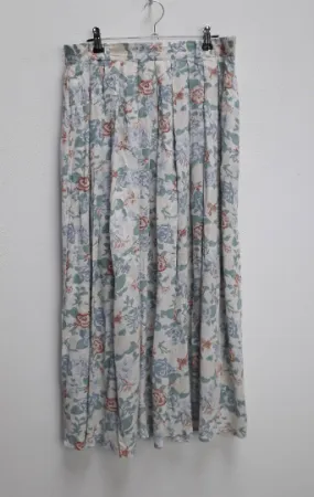 White, Blue   Brown Floral Midi-Skirt - L