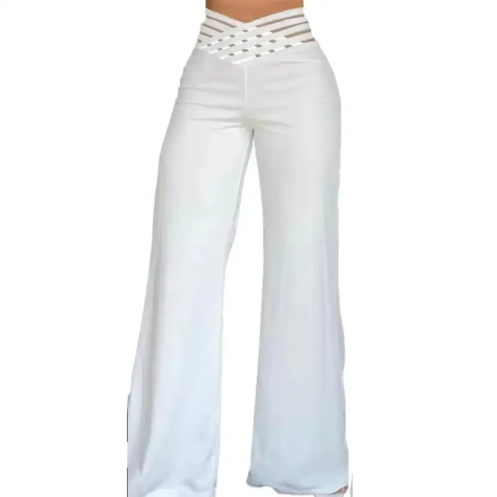 Women Pants Capris Trousers Hollow Wide Waistband Long Pants