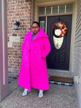 Women's High Neck Fuchsia Quilted Coat