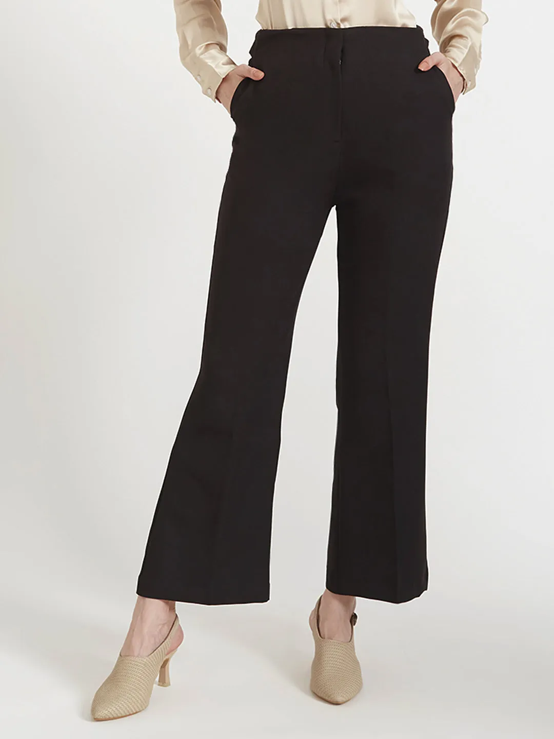 Women'S Luxury Banana Crepe Black Flared Trouser Slash Pocket
