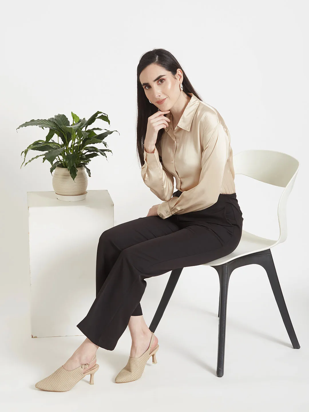 Women'S Luxury Banana Crepe Black Flared Trouser Slash Pocket