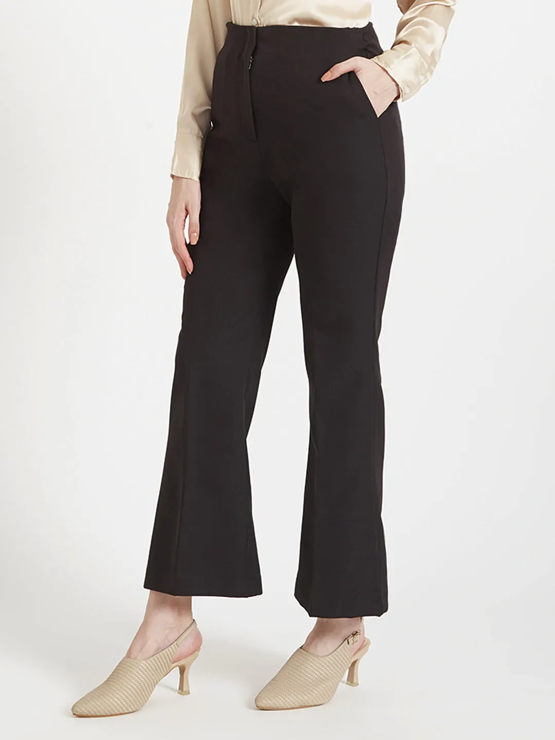 Women'S Luxury Banana Crepe Black Flared Trouser Slash Pocket