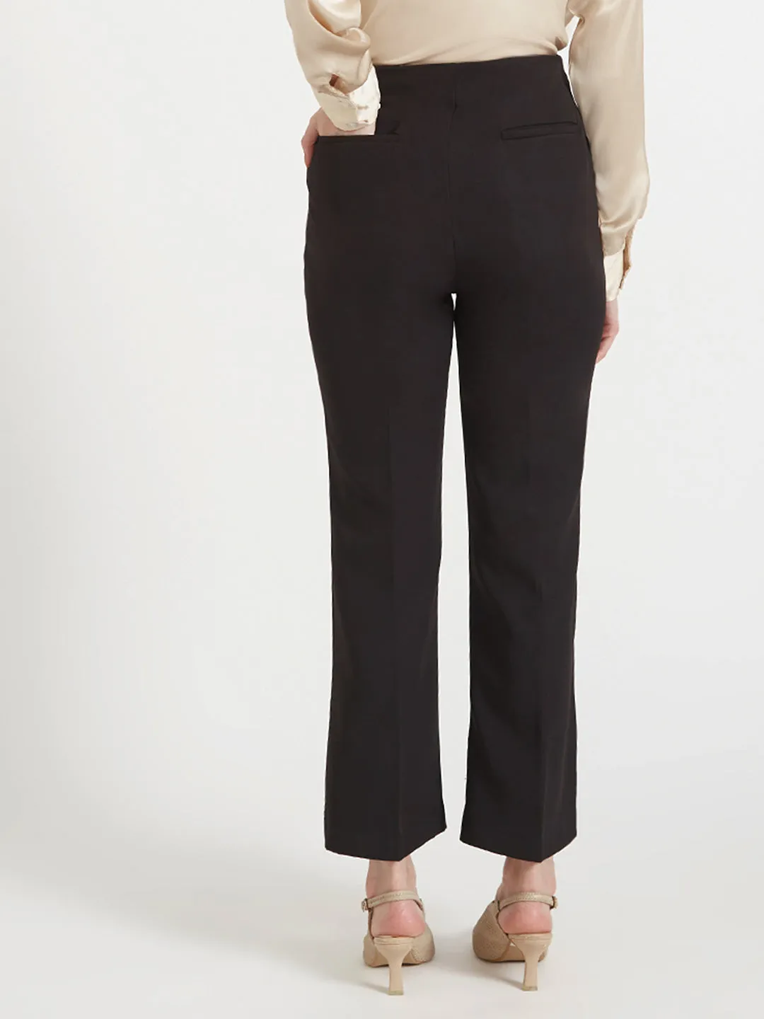 Women'S Luxury Banana Crepe Black Flared Trouser Slash Pocket