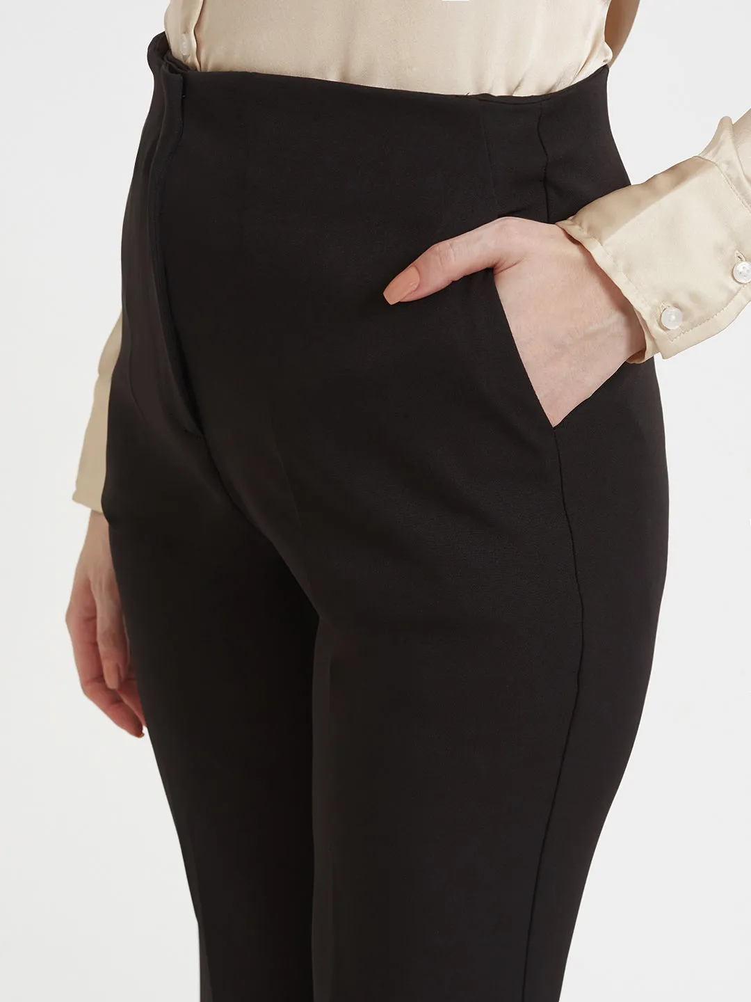 Women'S Luxury Banana Crepe Black Flared Trouser Slash Pocket