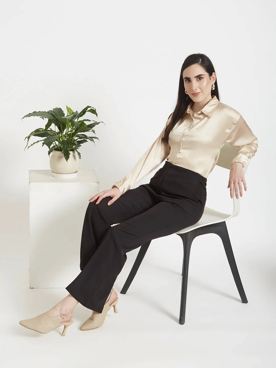 Women'S Luxury Banana Crepe Black Flared Trouser Slash Pocket