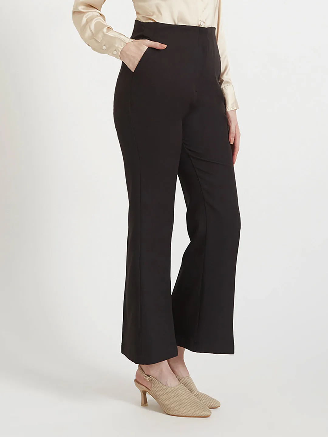 Women'S Luxury Banana Crepe Black Flared Trouser Slash Pocket