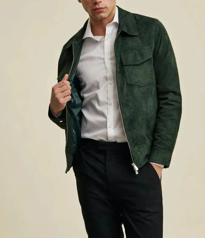Xomi Green Leather Suede Jacket Men Biker Motorcycle