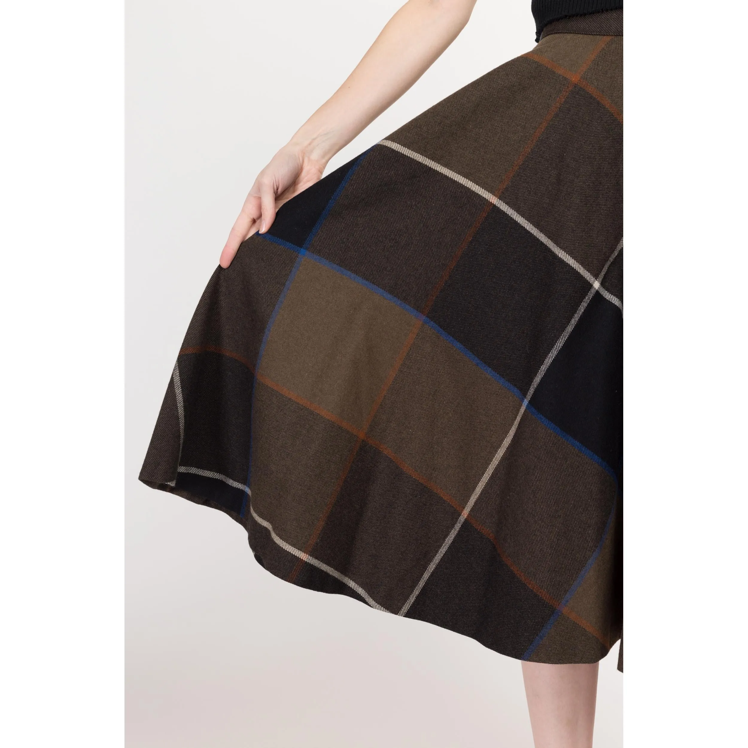 XS 80s Dark Plaid Midi Circle Skirt 24.5"