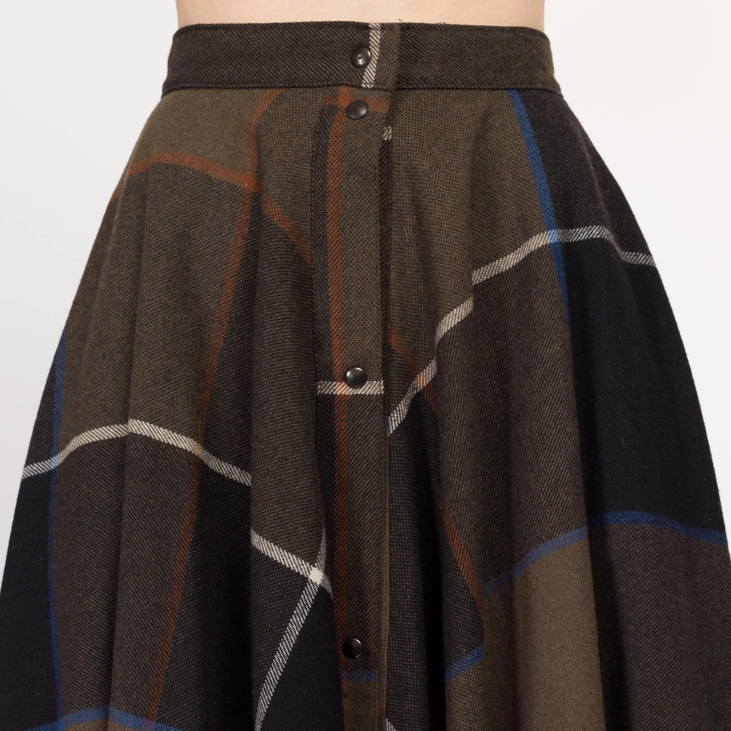 XS 80s Dark Plaid Midi Circle Skirt 24.5"