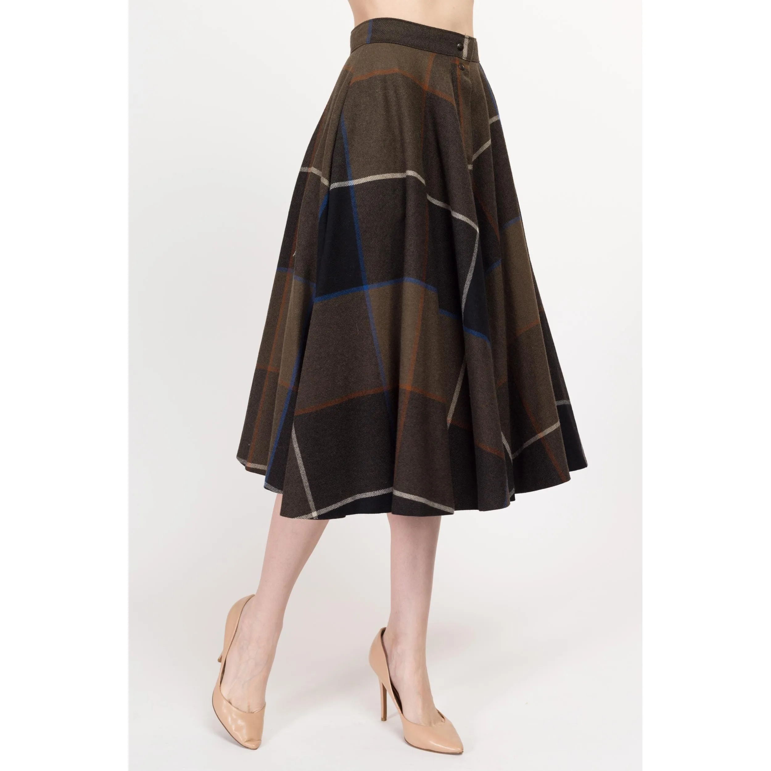 XS 80s Dark Plaid Midi Circle Skirt 24.5"
