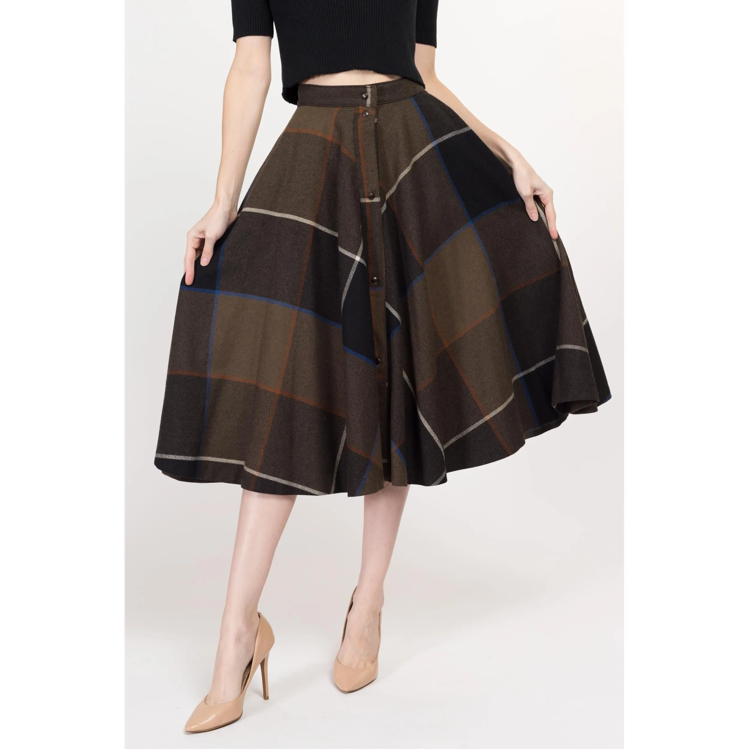 XS 80s Dark Plaid Midi Circle Skirt 24.5"